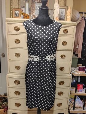 Emma & Michele Black and White Polka Dot Midi Dress with Waist Accent